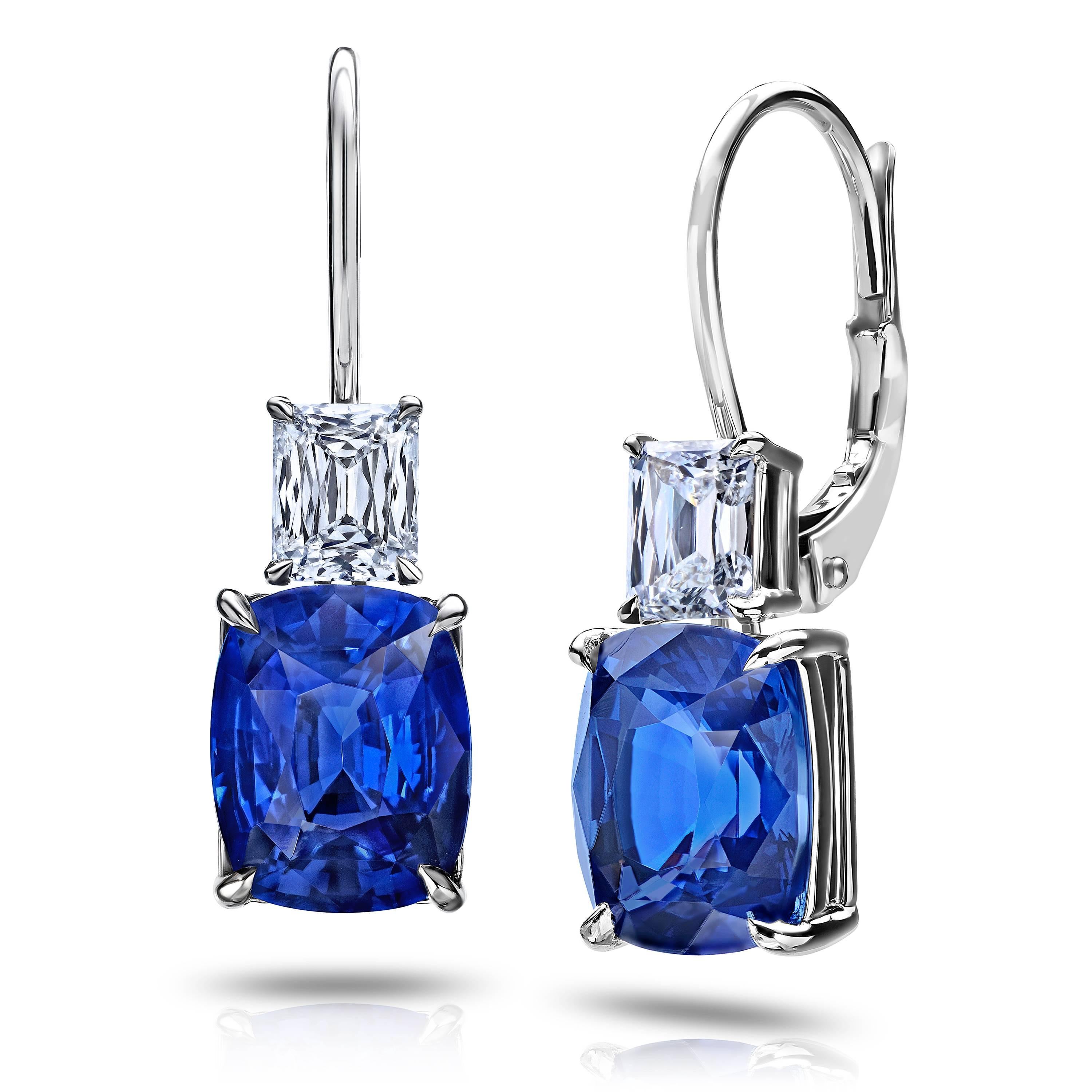Two cushion cut blue sapphires 6.80 carats (CDC report) and 2 cushion cut diamonds 1.06 carats set in platinum drop earrings.