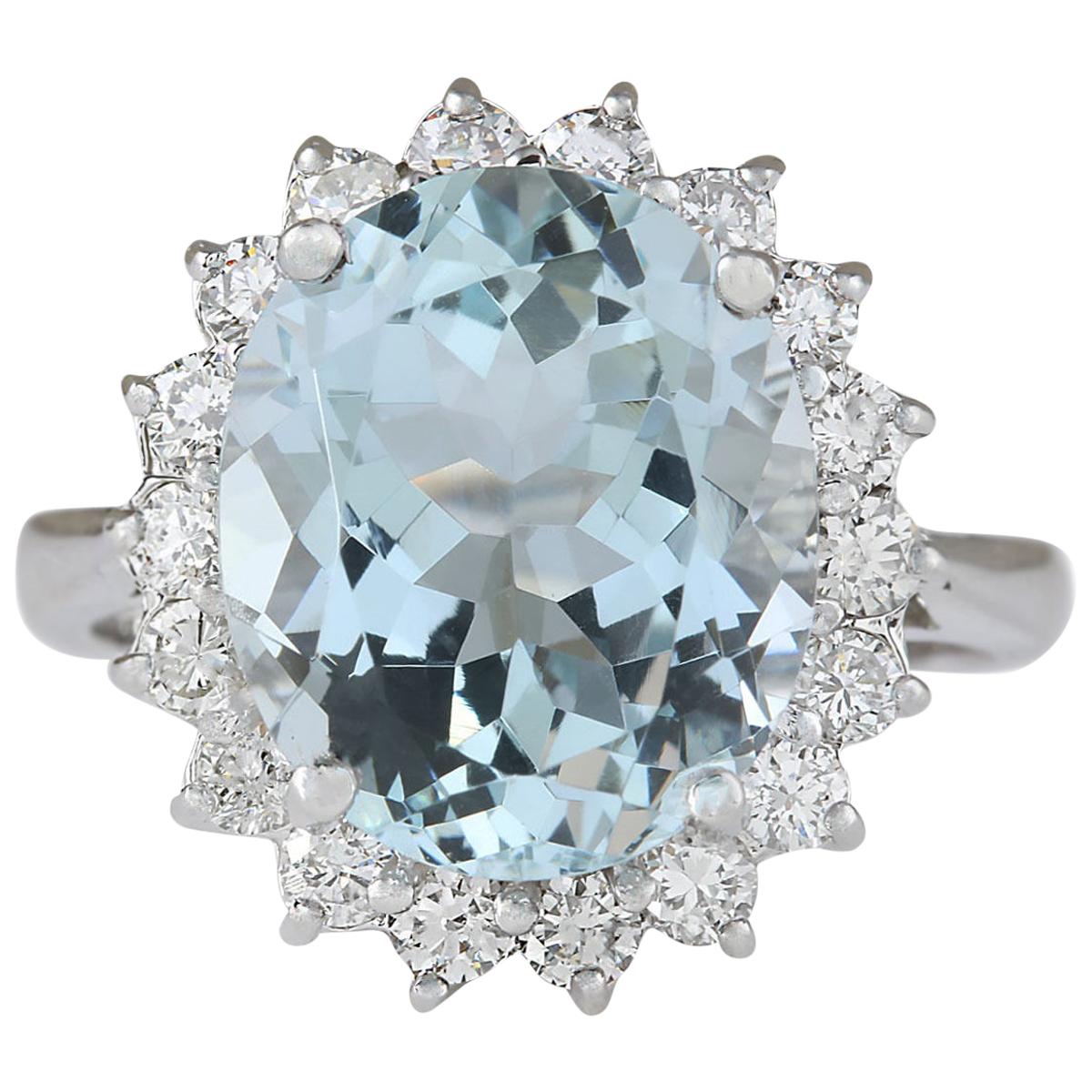Natural Aquamarine 14 Karat White Gold Diamond Ring For Sale