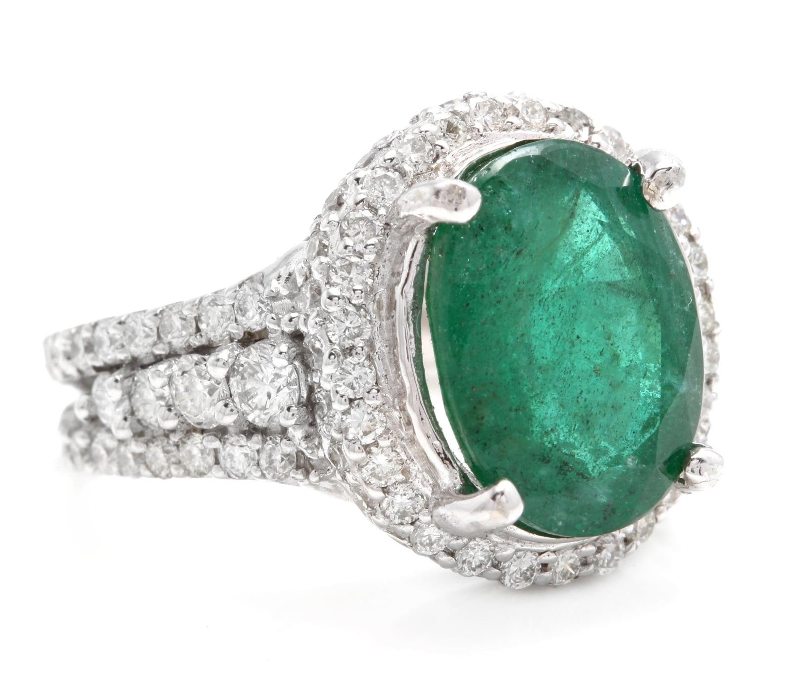 6.80 Carats Natural Emerald and Diamond 14K Solid White Gold Ring

Total Natural Green Emerald Weight is: Approx. 5.30 Carats (transparent)

Emerald Measures: Approx. 13.00 x 100mm

Natural Round Diamonds Weight: Approx. 1.50 Carats (color G-H /