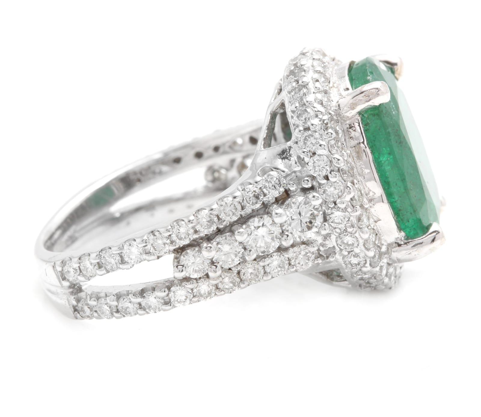 Emerald Cut 6.80 Carat Natural Emerald and Diamond 14 Karat Solid White Gold Ring For Sale