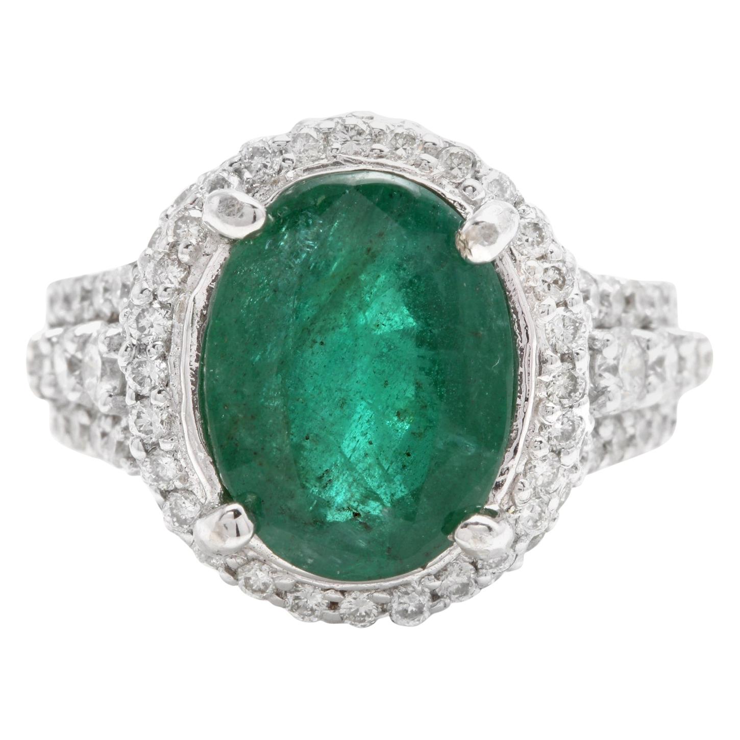 6.80 Carat Natural Emerald and Diamond 14 Karat Solid White Gold Ring For Sale