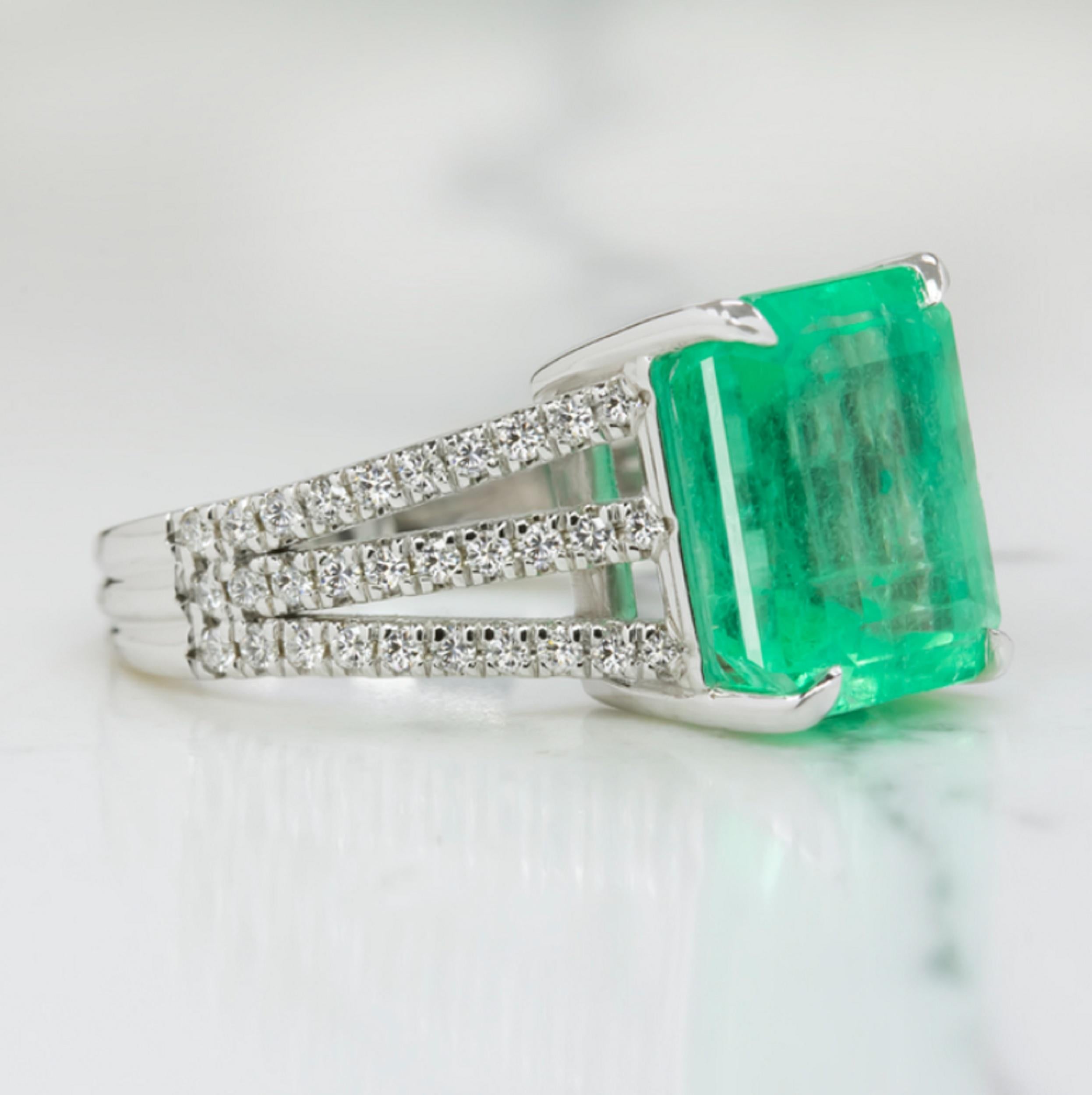 Modern 6.80 Carat Natural Green Emerald Diamond Solitaire Ring