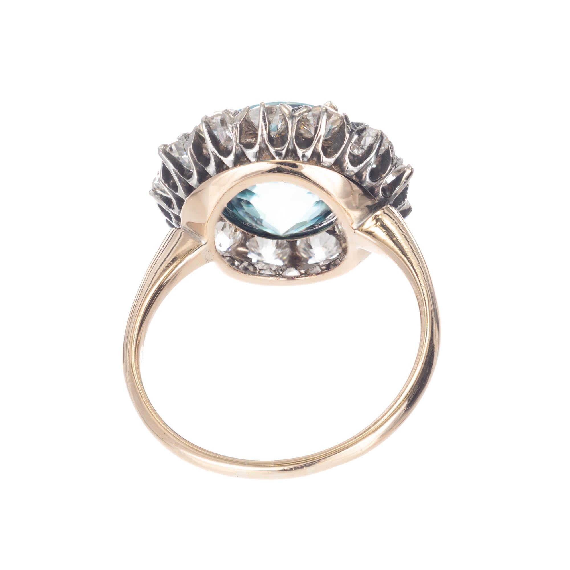 6.80 Carat Round Blue Zircon Diamond Halo Gold Platinum Engagement Ring In Good Condition In Stamford, CT