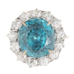 6.80 Carat Round Blue Zircon Diamond Halo Gold Platinum Engagement Ring