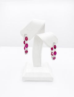 6.80 Carat Ruby Diamond Hoop Earrings Oval Cut Rubies 14K White Gold