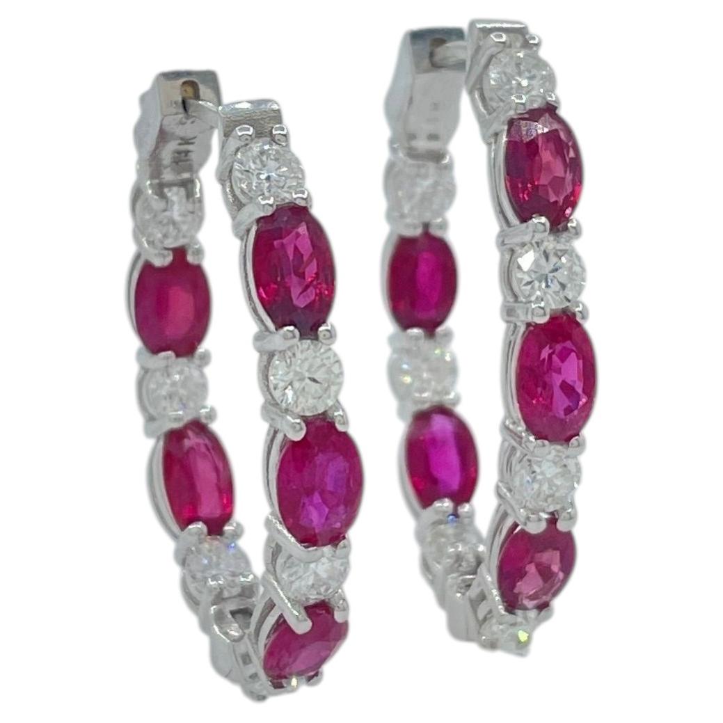 6.80 Carat Ruby Diamond Hoop Earrings Oval Cut Rubies 14K White Gold