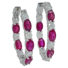 6.80 Carat Ruby Diamond Hoop Earrings Oval Cut Rubies 14K White Gold
