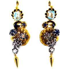 Vintage 6.80 Carat White Rose Cut Diamond Blue Sapphire Blue Topaz Yellow Gold Earrings