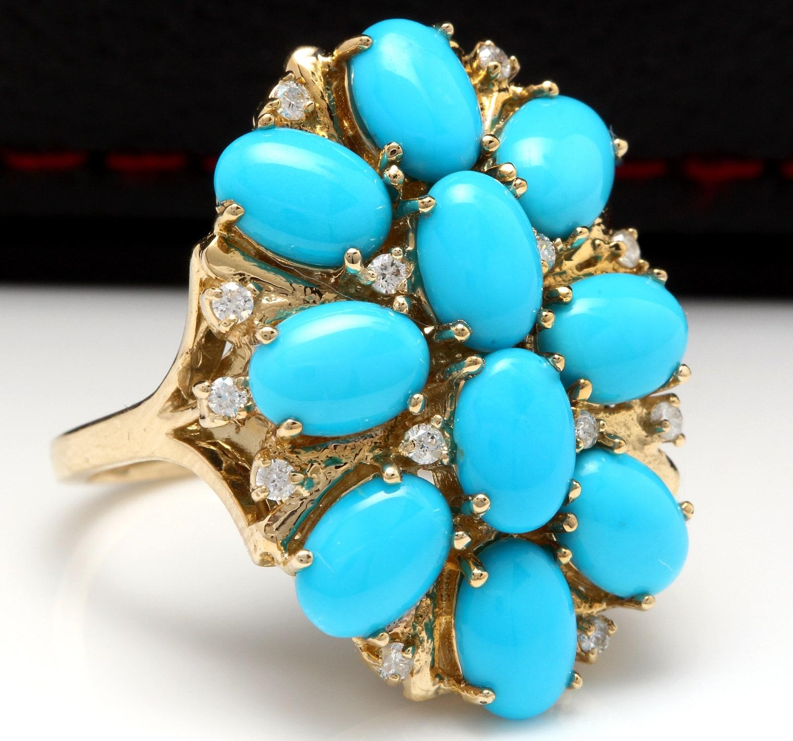 6.80 Carats Impressive Natural Turquoise and Diamond 14K Yellow Gold Ring

Suggested Replacement Value Approx. $6,400.00

Total Natural Oval Turquoise Weight is: Approx. 6.50 Carats 

Turquoise Measures: 7 x 5mm 

Natural Round Diamonds Weight: