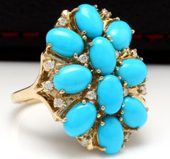 6.80 Carats Impressive Natural Turquoise and Diamond 14K Yellow Gold Ring