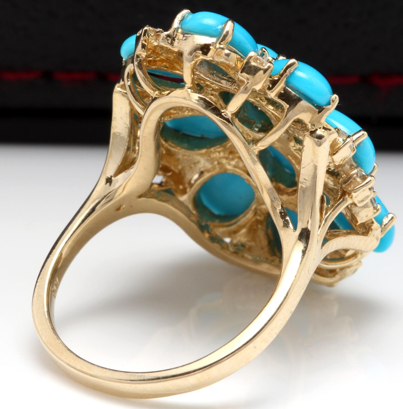 Mixed Cut 6.80 Carats Impressive Natural Turquoise and Diamond 14K Yellow Gold Ring For Sale
