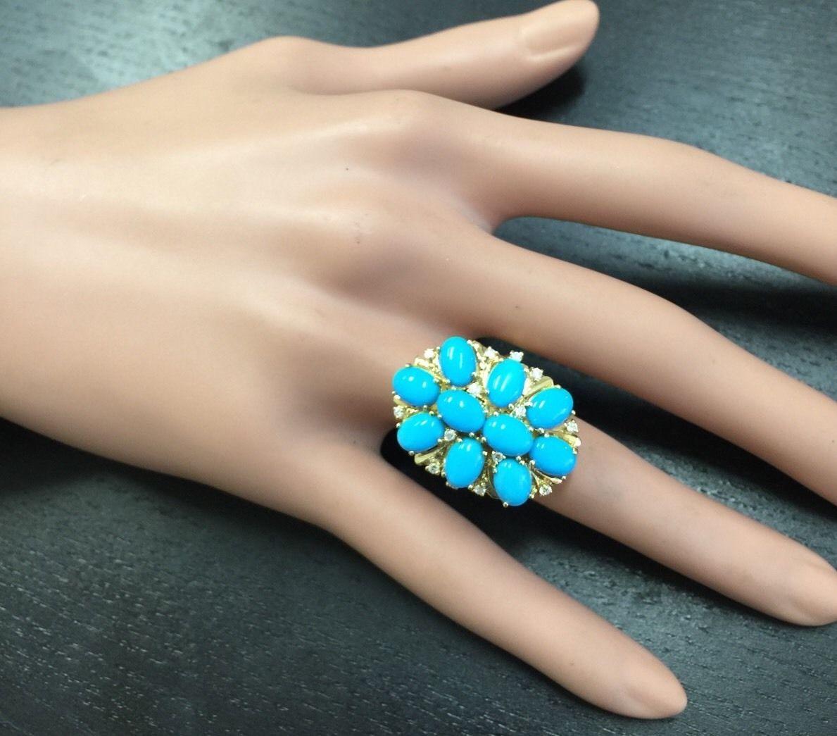 6.80 Carats Impressive Natural Turquoise and Diamond 14K Yellow Gold Ring In New Condition For Sale In Los Angeles, CA