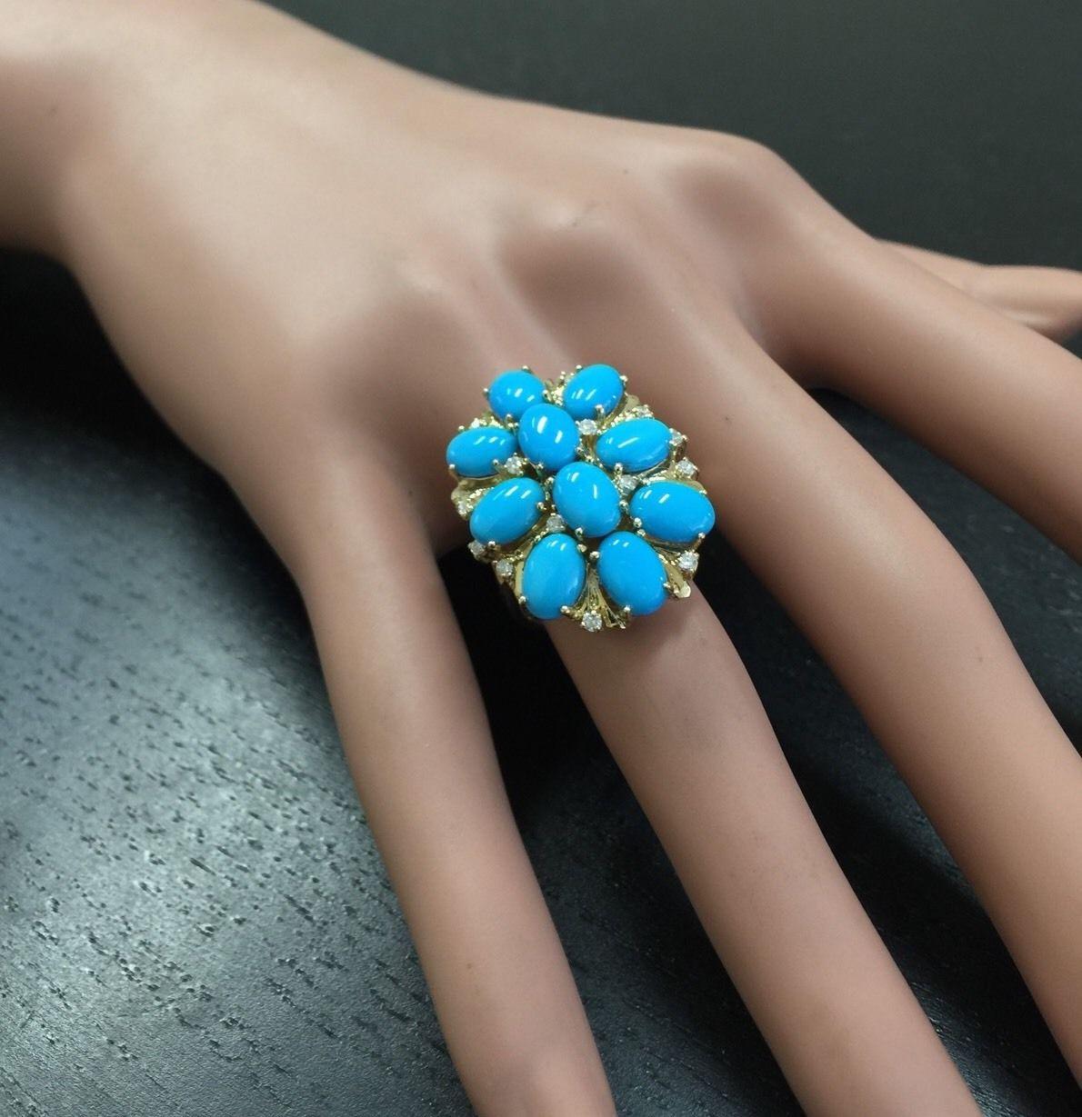 Women's 6.80 Carats Impressive Natural Turquoise and Diamond 14K Yellow Gold Ring For Sale