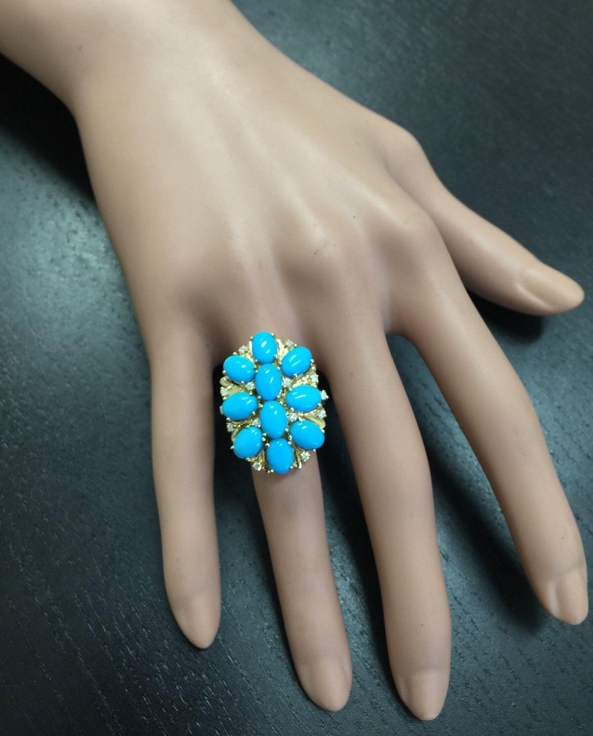 6.80 Carats Impressive Natural Turquoise and Diamond 14K Yellow Gold Ring For Sale 2