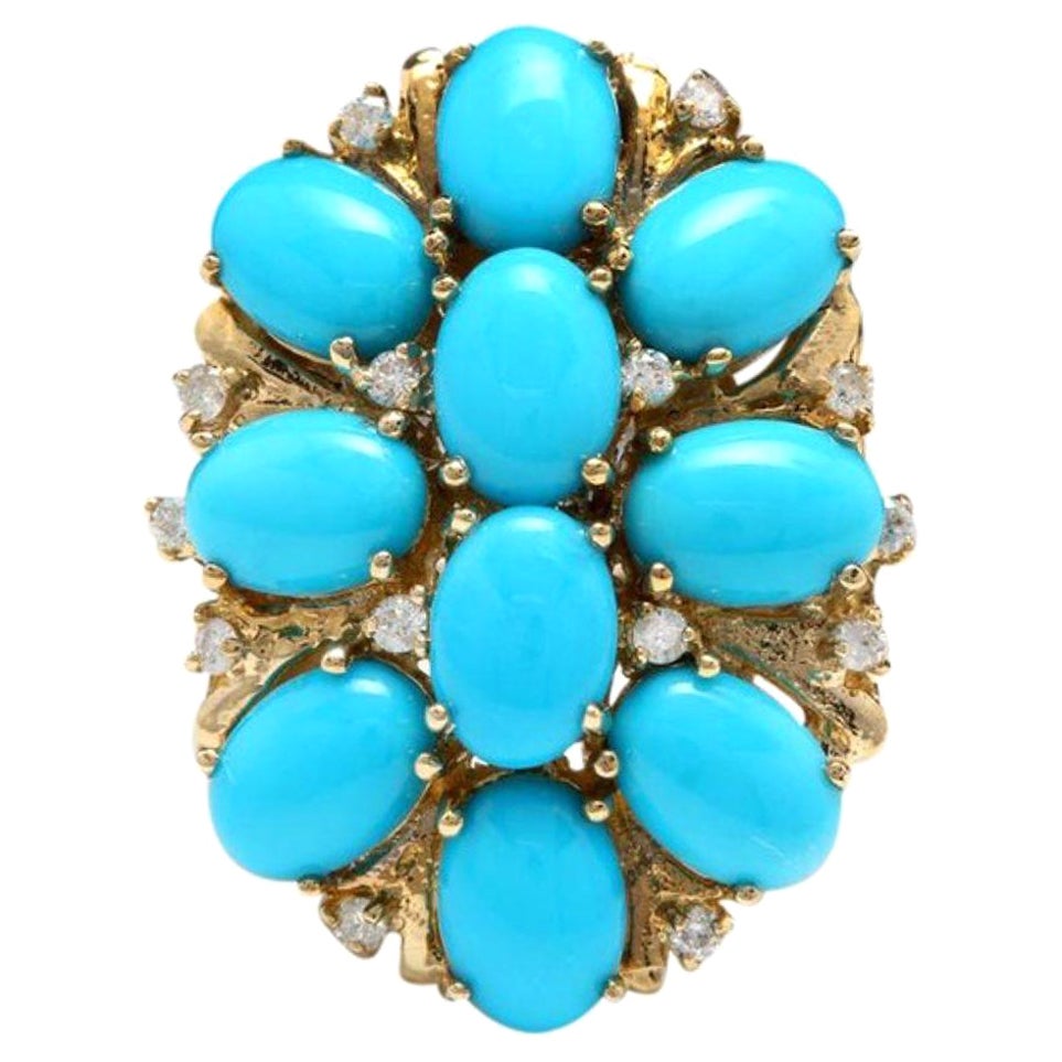 Bague impressionnante en or jaune 14 carats avec turquoise naturelle et diamants de 6,80 carats en vente