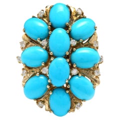 6,80 Quilates Impresionante Anillo de Turquesa Natural y Diamante en Oro Amarillo de 14K