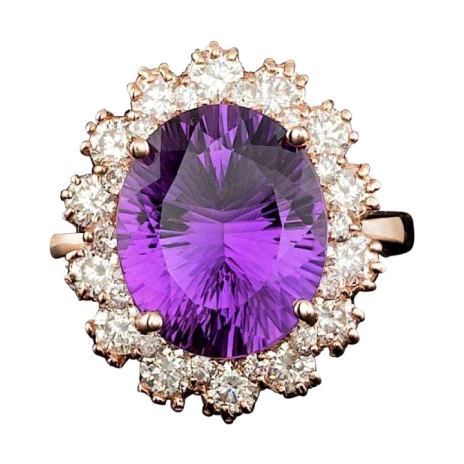 6.80 Carats Natural Amethyst and Diamond 14k Solid Rose Gold Ring For Sale