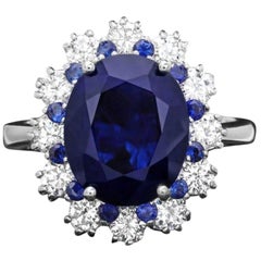 Anello con zaffiro blu naturale da 6,80 carati e diamante in oro bianco massiccio 14 carati