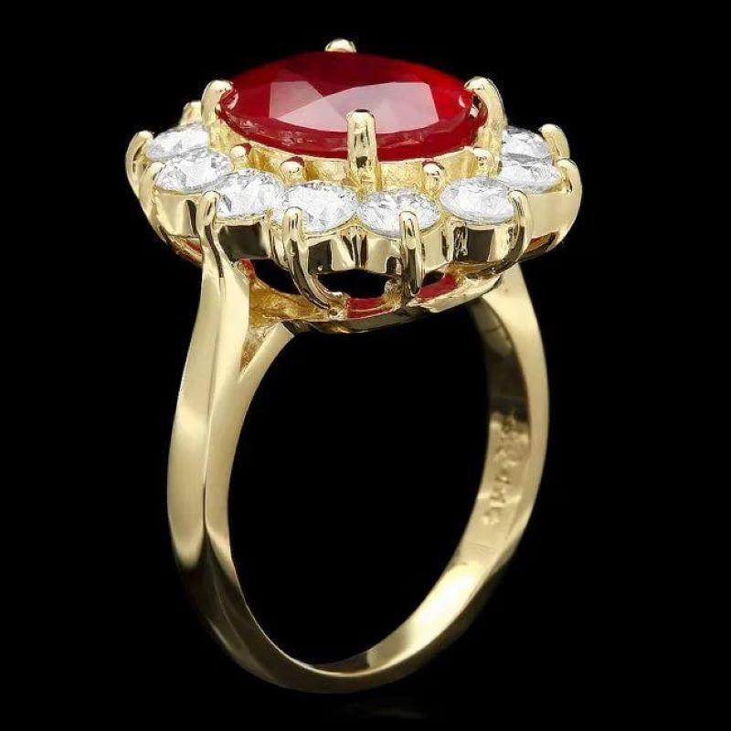 6.80 Carats Natural Red Ruby and Diamond 14K Solid Yellow Gold Ring

Total Red Ruby Weight is: Approx. 4.90 Carats

Ruby Measures: Approx. 11.00 x 9.00mm

Ruby treatment: Fracture Filling

Natural Round Diamonds Weight: Approx. 1.90 Carats (color