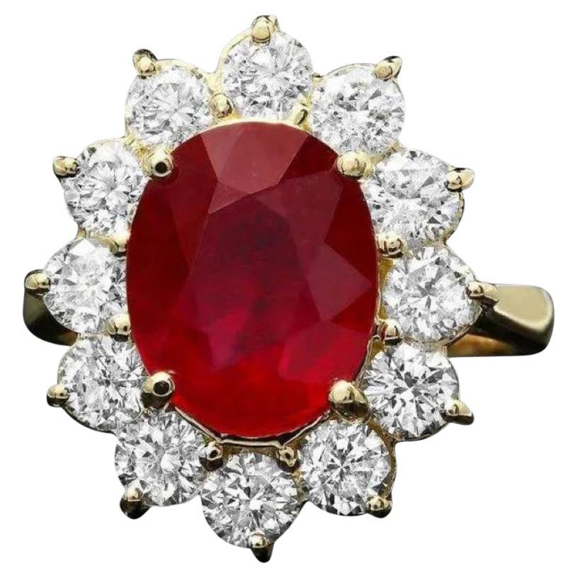 6.80 Carats Natural Red Ruby and Diamond 14K Solid Yellow Gold Ring For Sale