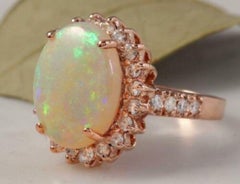 6.80 Ct Natural Impressive Australian Opal and Diamond 14K Solid Rose Gold Ring