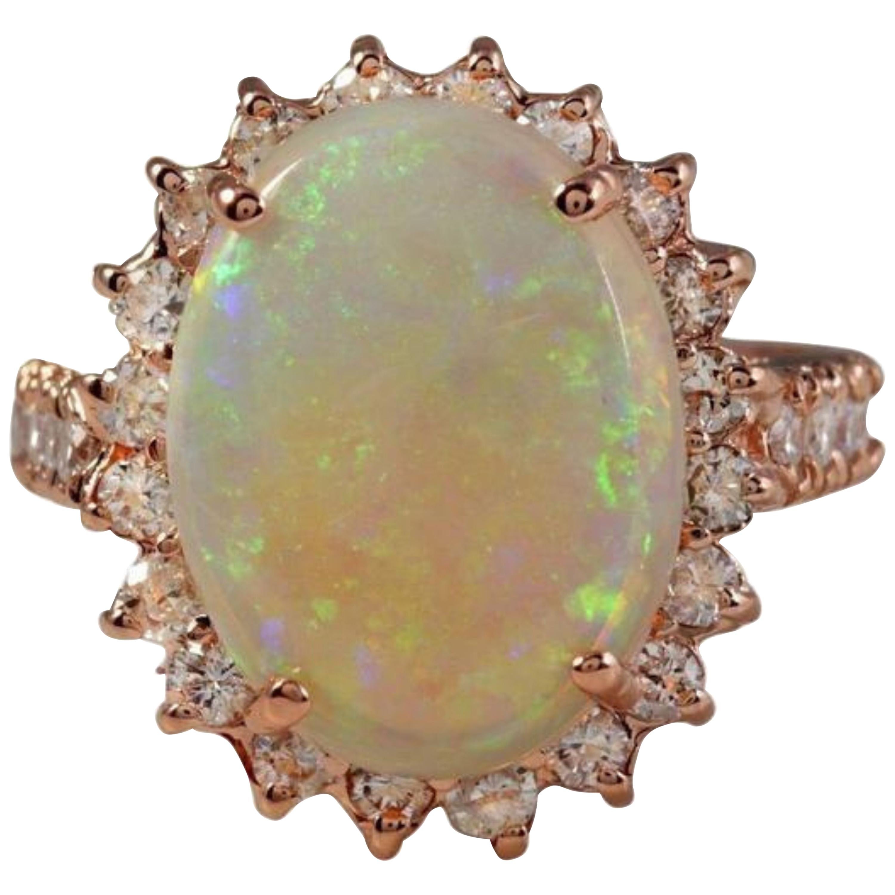 6.80 Ct Natural Impressive Australian Opal and Diamond 14K Solid Rose Gold Ring For Sale