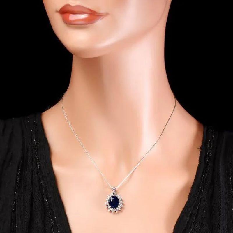 6.80Ct Natural Sapphire and Diamond 14K Solid White Gold Pendant In New Condition For Sale In Los Angeles, CA