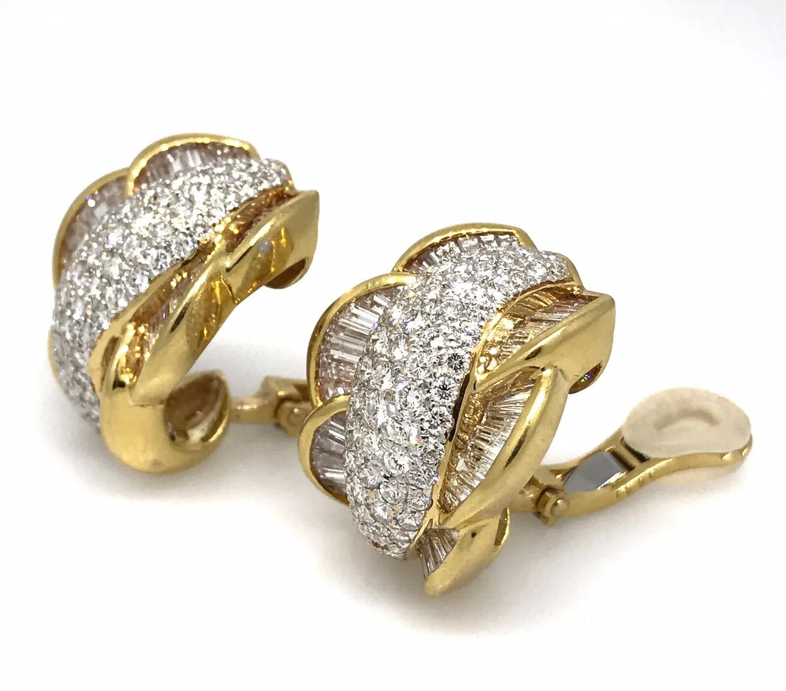 Brilliant Cut 6.81 Carat Baguette and Pave Diamond Half Hoop Earrings in 18k Yellow Gold For Sale