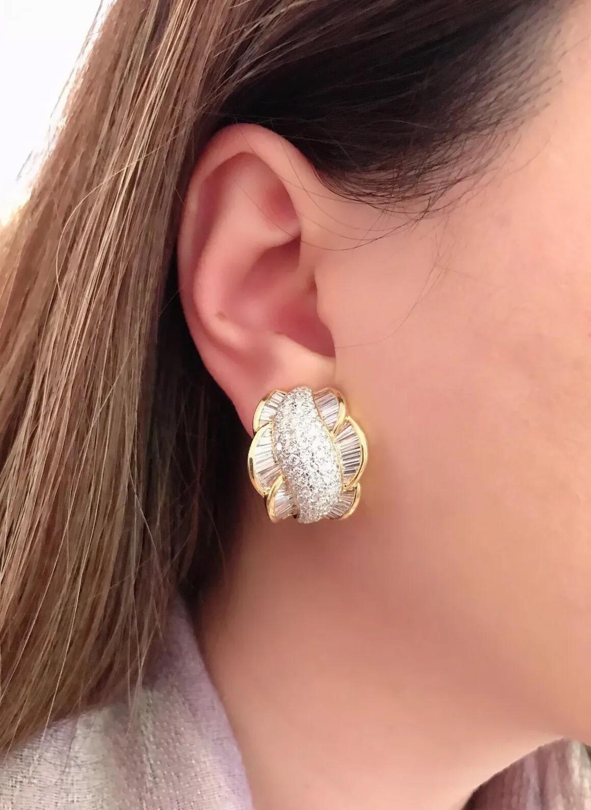 6.81 Carat Baguette and Pave Diamond Half Hoop Earrings in 18k Yellow Gold For Sale 1