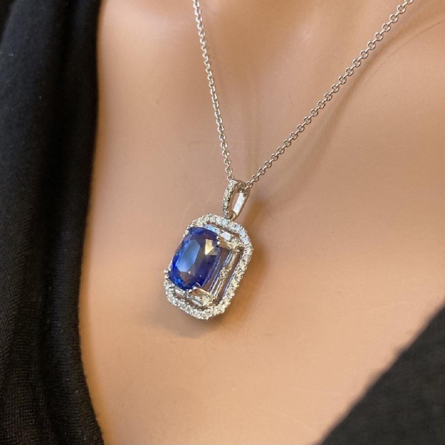 6.81 Carat Cushion Shape Blue Sapphire & Diamond Pendants In 18k White Gold  In New Condition For Sale In Chicago, IL