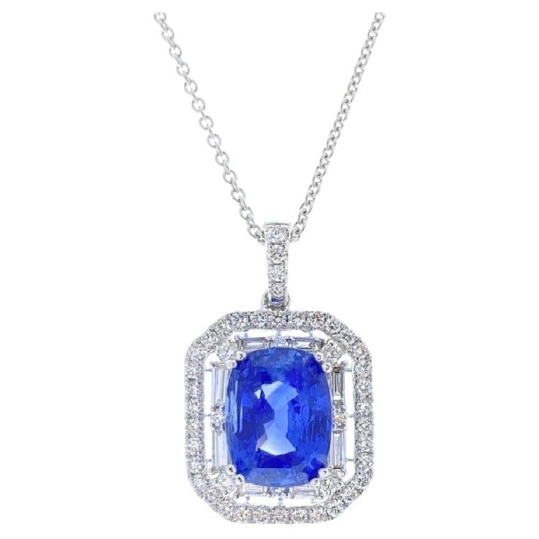 6.81 Carat Cushion Shape Blue Sapphire & Diamond Pendants In 18k White Gold  For Sale