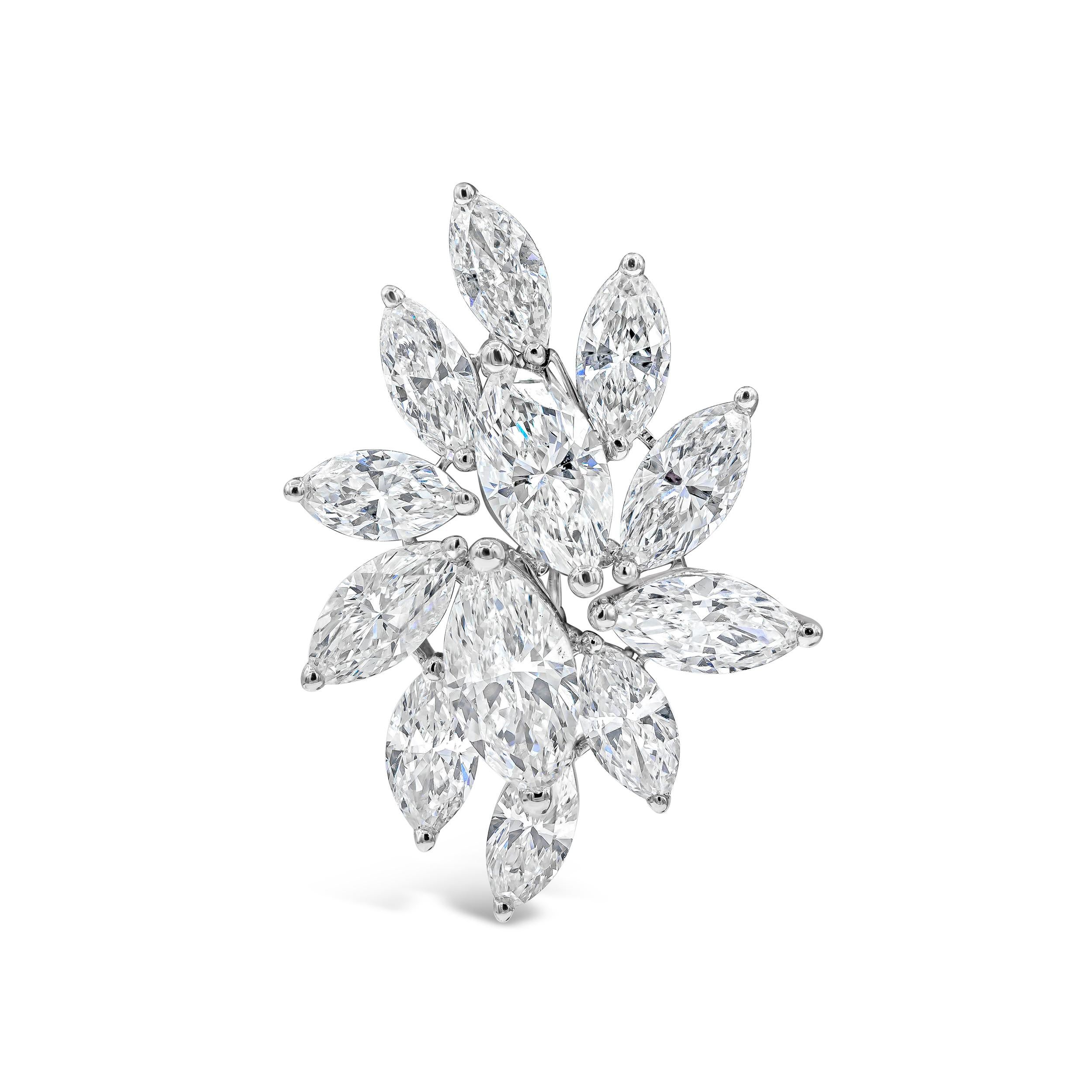 A brilliant pair of earrings showcasing a cluster of marquise cut diamonds, set in an intricate starburst design. Diamonds weigh 6.81 carats total. Made with 18K White Gold. Omega Clip with post.

Style available in different price ranges. Prices
