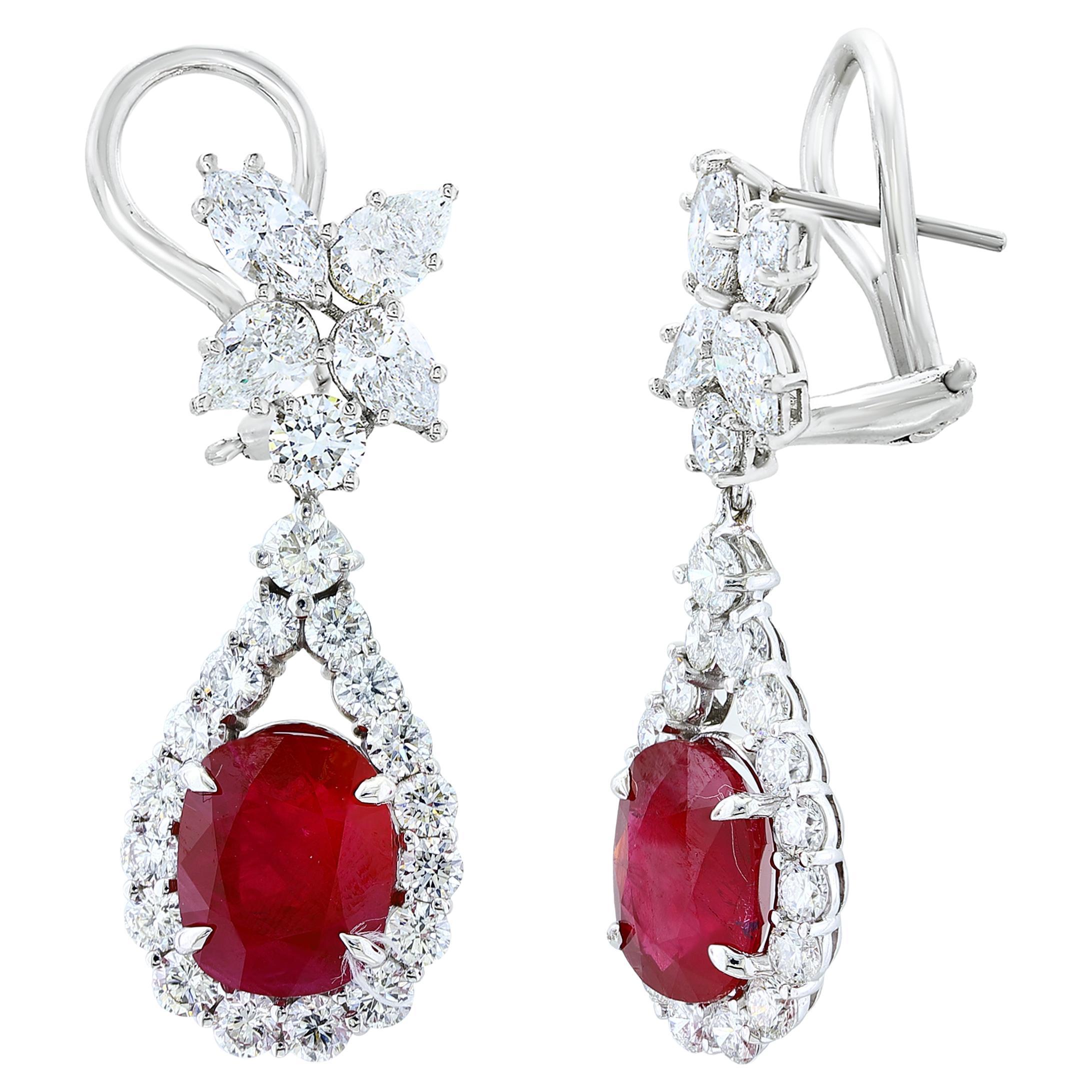 6.81 Carat Ruby and Diamond Drop Earrings in 18K White Gold For Sale
