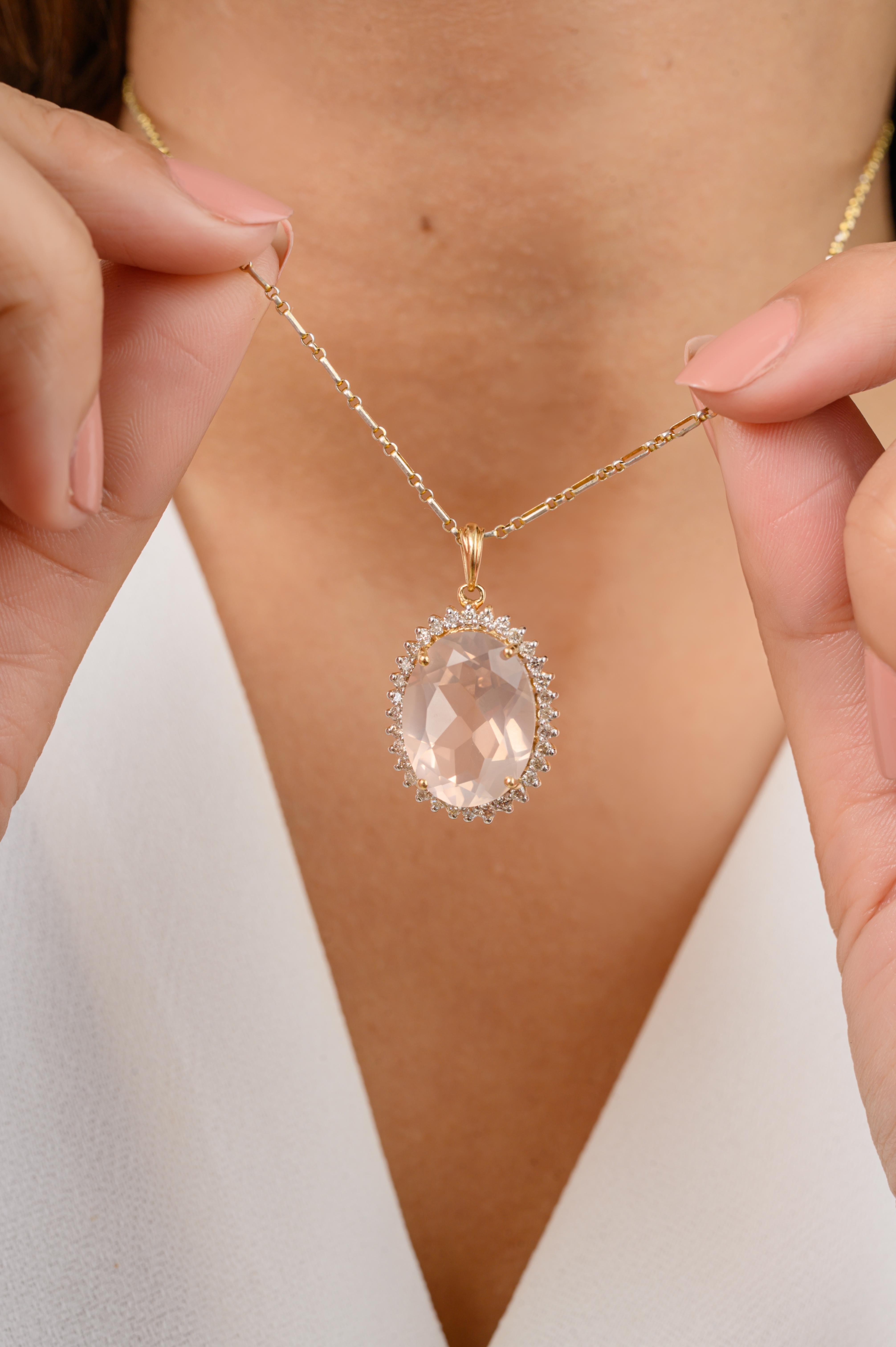 6,81 CTW  Pendentif en or jaune 14k avec quartz rose facetté et diamants Pour femmes en vente