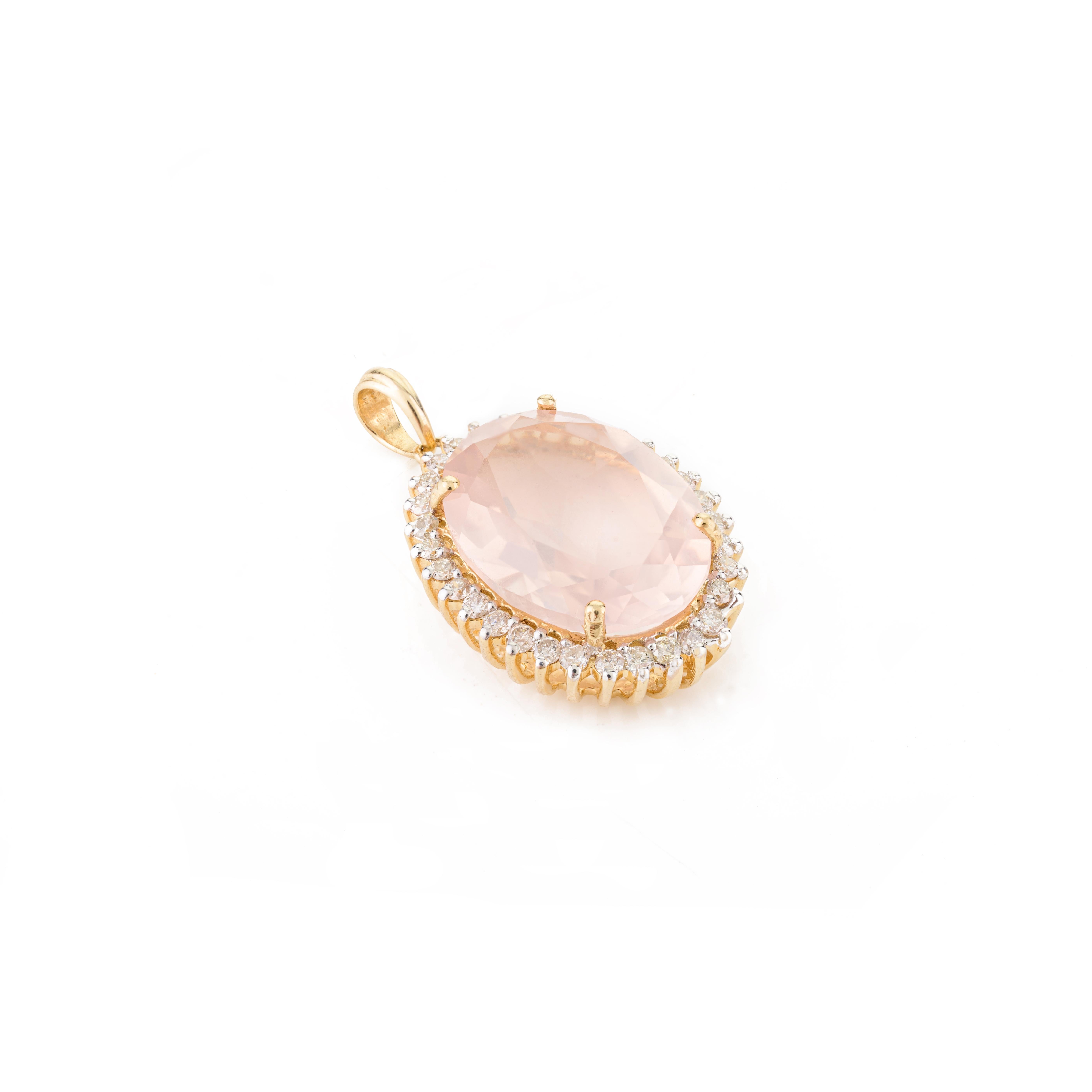 6,81 CTW  Pendentif en or jaune 14k avec quartz rose facetté et diamants en vente 1