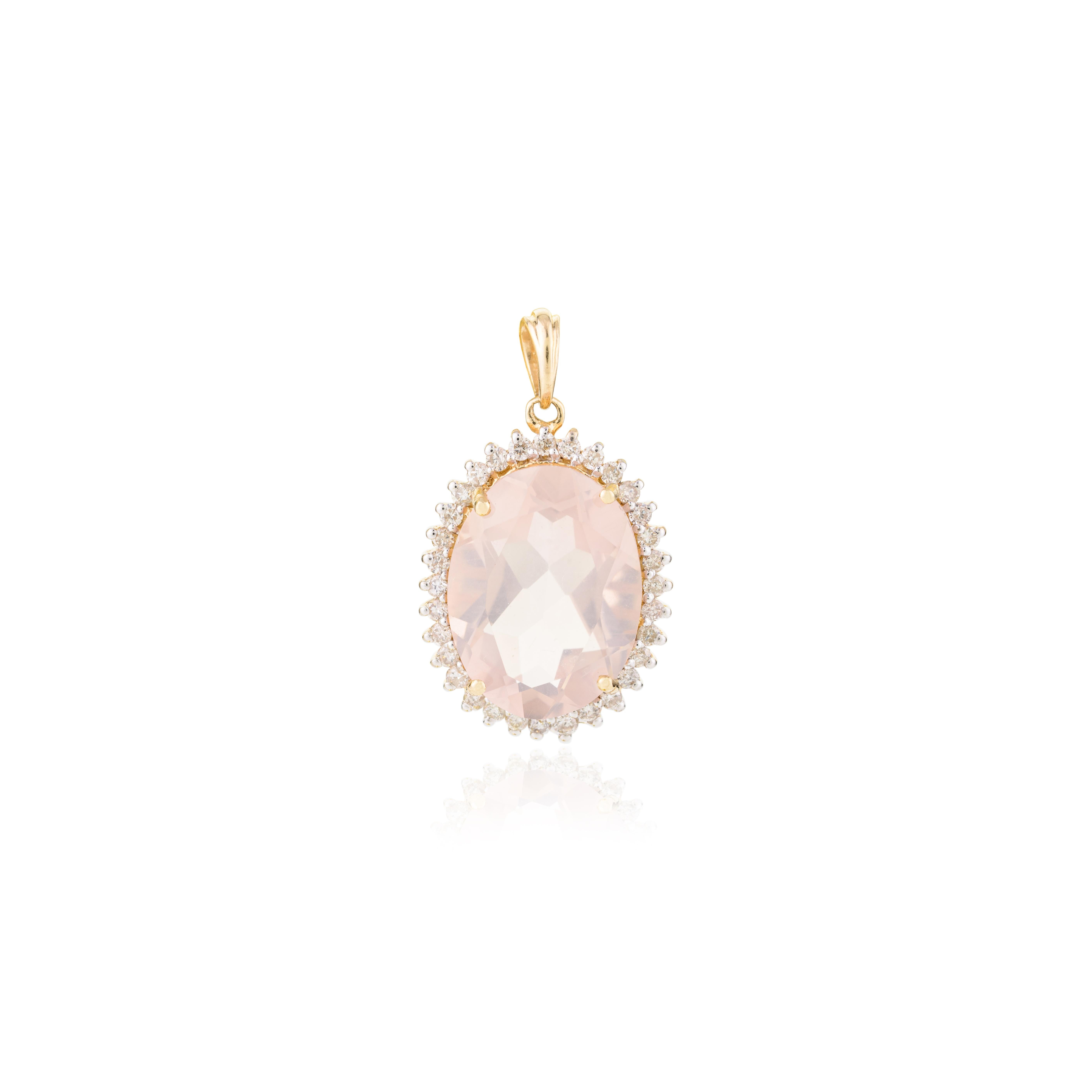 6,81 CTW  Pendentif en or jaune 14k avec quartz rose facetté et diamants en vente 2