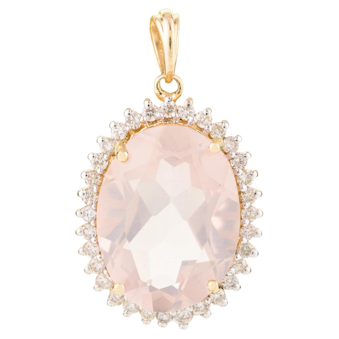 6,81 CTW  Colgante facetado de cuarzo rosa con diamantes en oro amarillo de 14k