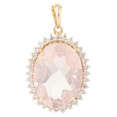 6,81 CTW  Colgante facetado de cuarzo rosa con diamantes en oro amarillo de 14k