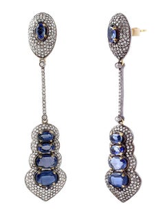 6.82 Carat Blue Sapphire and Diamond Dangle Earrings in Victorian Style