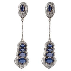 6.82 Carat Blue Sapphire and Diamond Dangle Earrings in Victorian Style