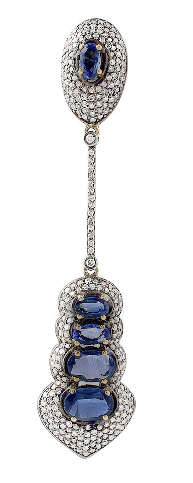 Oval Cut 6.82 Carat Blue Sapphire and Diamond Dangle Earrings in Victorian Style For Sale