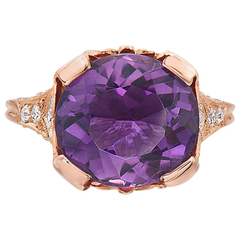 6.82 Carat Rose Gold Filigree Amethyst and Diamond Engagement Ring