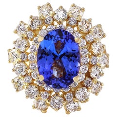 Bague exquise en or jaune massif 14 carats avec tanzanite naturelle et diamants 