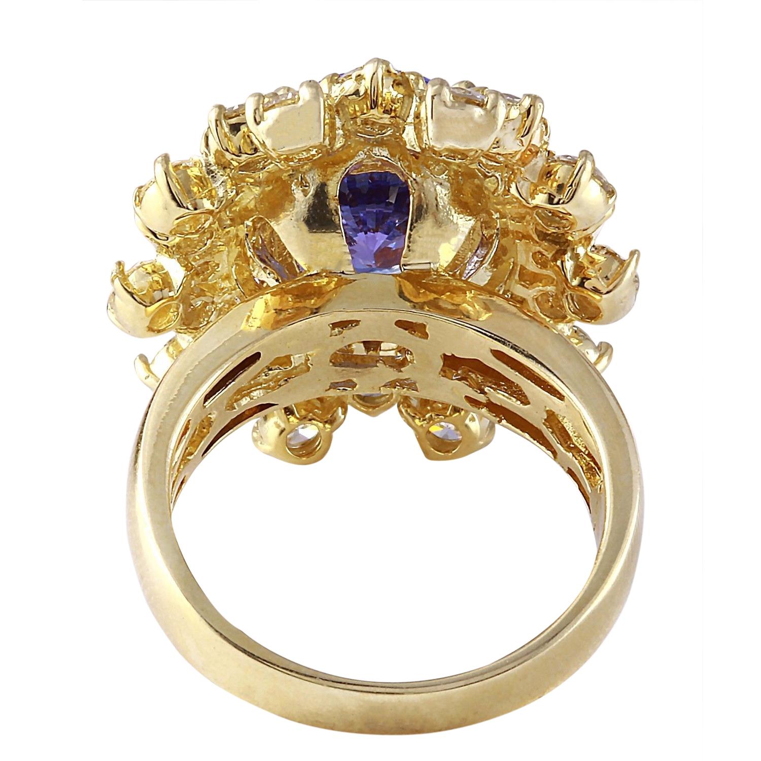 Modern Exquisite Natural Tanzanite Diamond Ring In 14 Karat Solid Yellow Gold For Sale