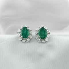 6.82 Carat Zambian Emerald and Diamond Earrings 18K White Gold Fine Jewelry