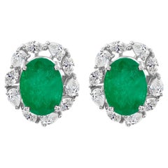 6.82 Carat Zambian Emerald and Diamond Earrings 18K White Gold Fine Jewelry