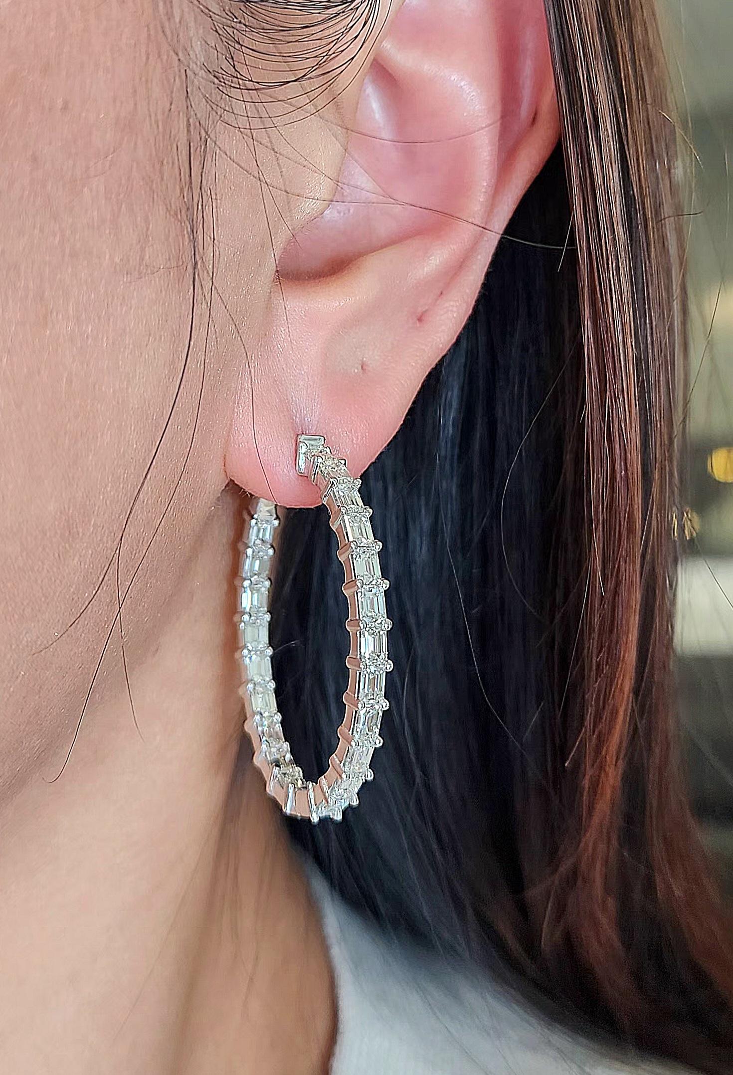 Emerald Cut 6.82 ct Emerald-Cut Diamond Hoop Earrings For Sale
