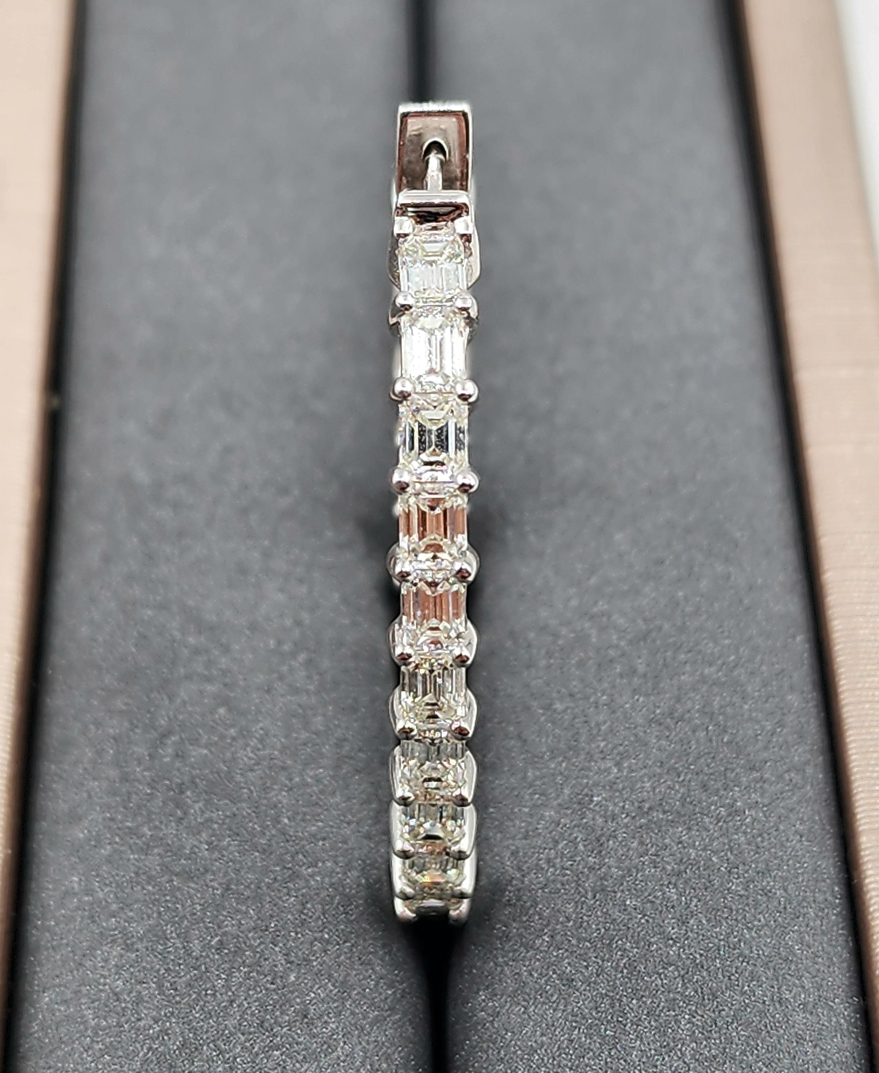 Women's or Men's 6.82 Carat Emerald-Cut Diamond 18K White Gold Hoop Earrings For Sale
