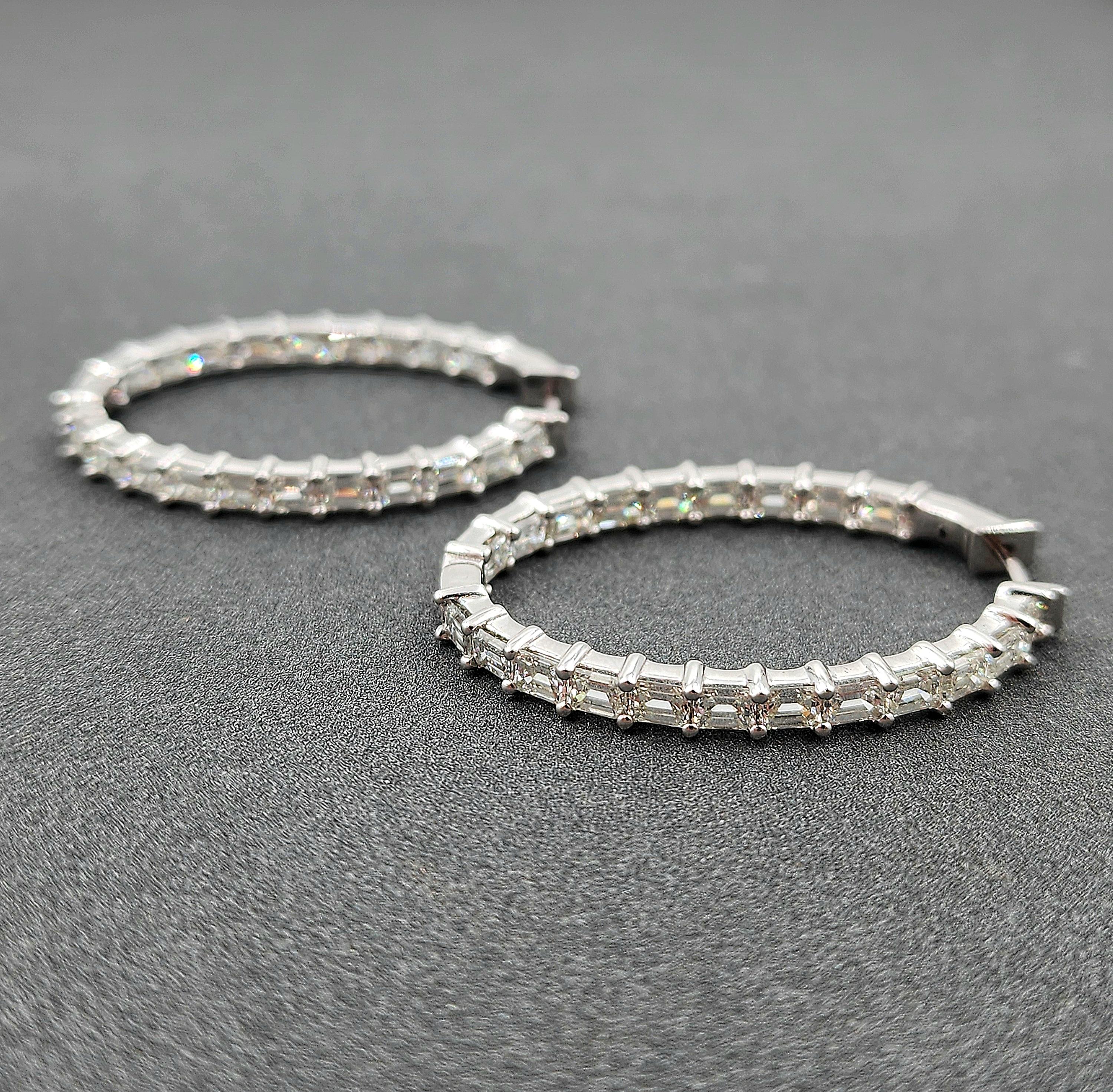 6.82 Carat Emerald-Cut Diamond 18K White Gold Hoop Earrings For Sale 2