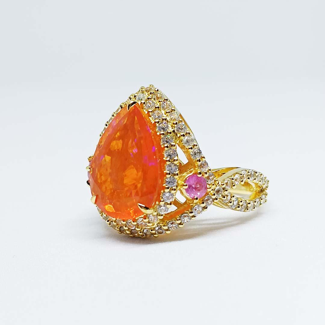 Pear Cut 6.82 cts Orange Opal Ring. Sterling Silver on 18K gold Plated For Sale